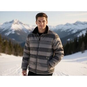 Quiksilver Men's Puffer Jacket Gray Black Stripe Full Zip Winter Warm Size XXL